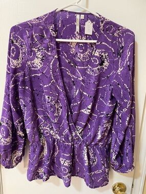 Petticoat Alley Purple Abstract Print Surplice Peplum Blouse Size L